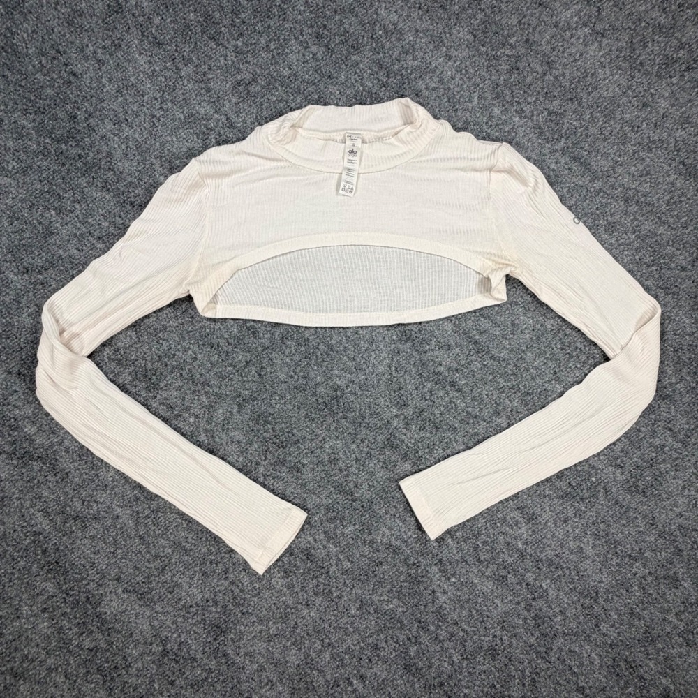 Alo Yoga Womens Small Ivory Ribbed Mock Neck Ultra Crop Long Sleeve Shrug 0575